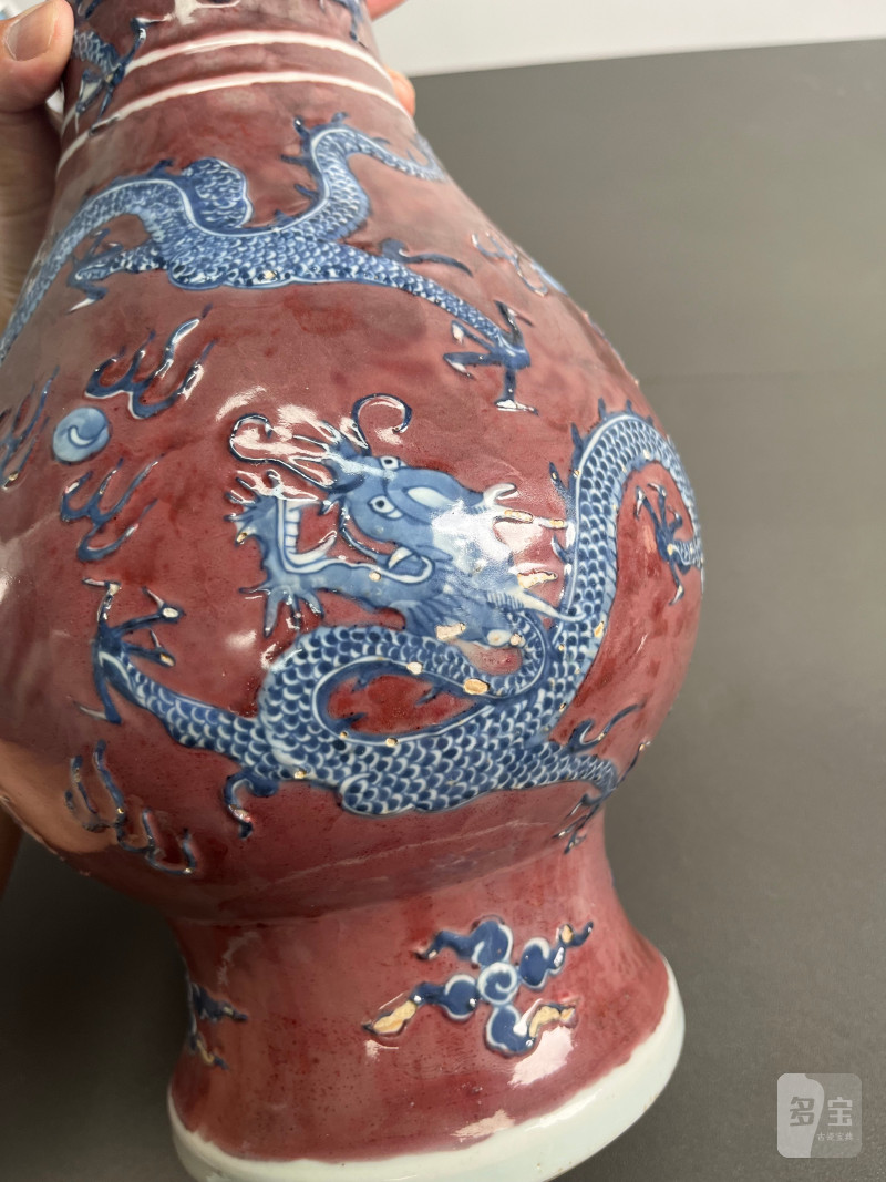 清康熙  青花釉里红堆塑云龙纹琵琶尊 - 图9